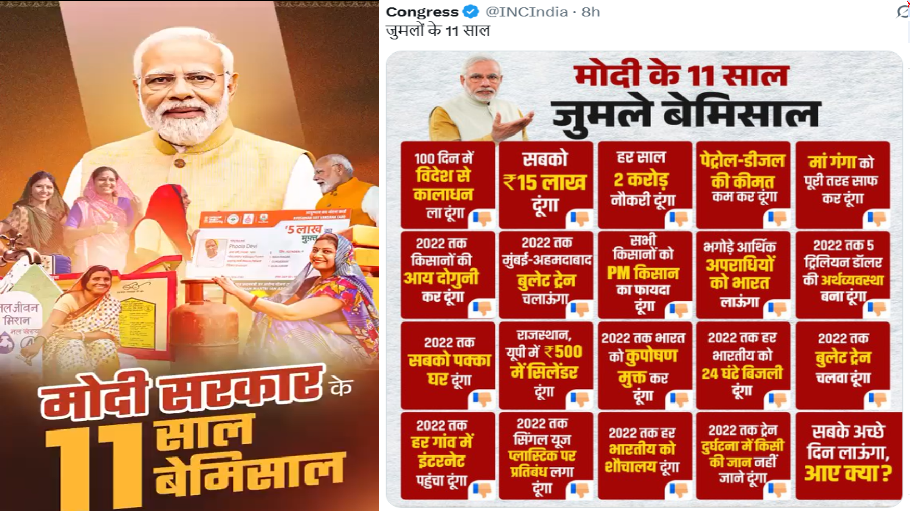 बीजेपी- मोदी सरकार के 11 साल बेमिसाल; कांग्रेस बोली- जुमला सरकार बीजेपी- मोदी सरकार के 11 साल बेमिसाल; कांग्रेस बोली- जुमला सरकार