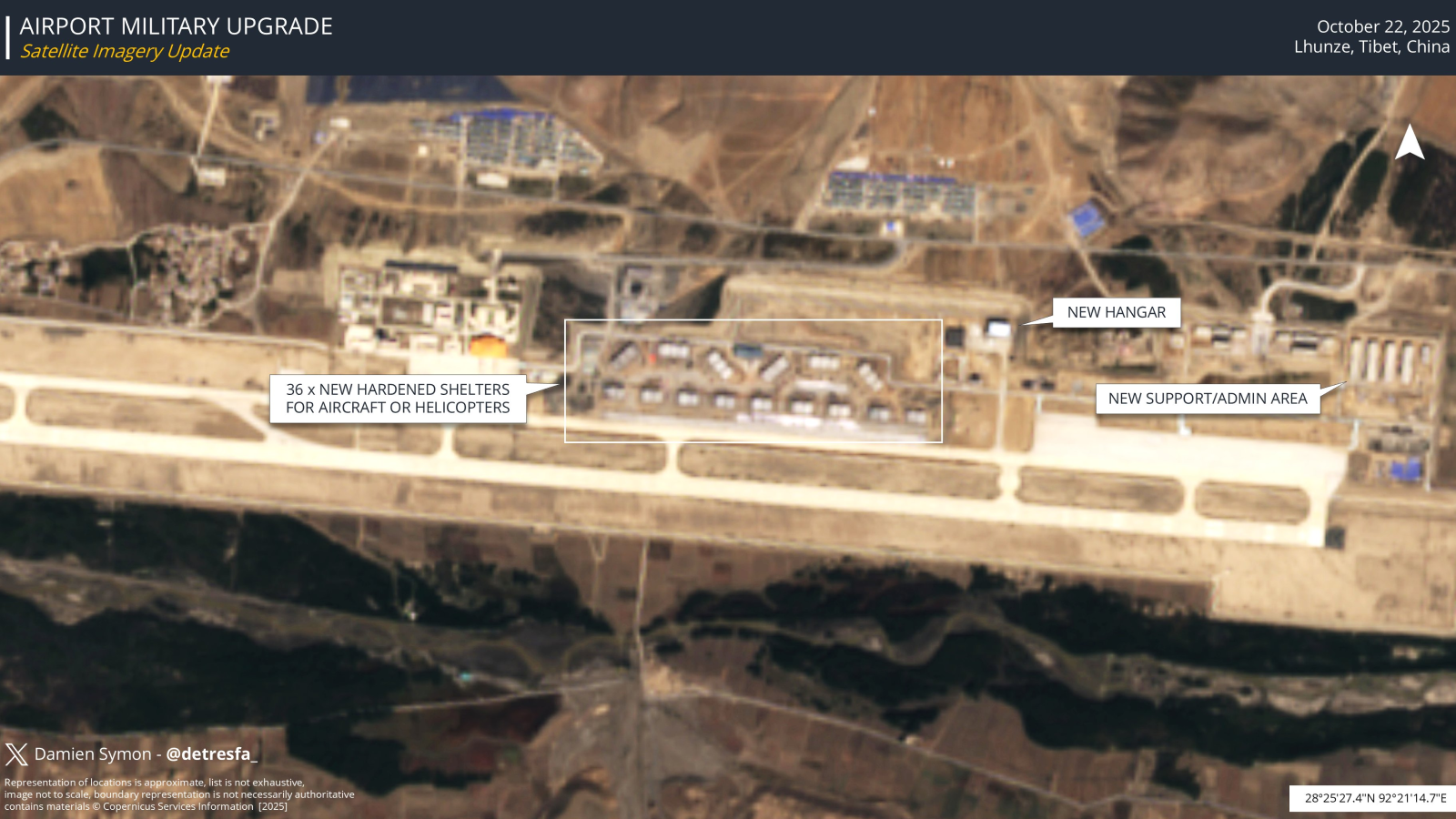 चीन के ल्हुंज़े एयरबेस पर ढांचा। (फोटो साभार: एक्स/@detresfa_) China Lhunze airbase